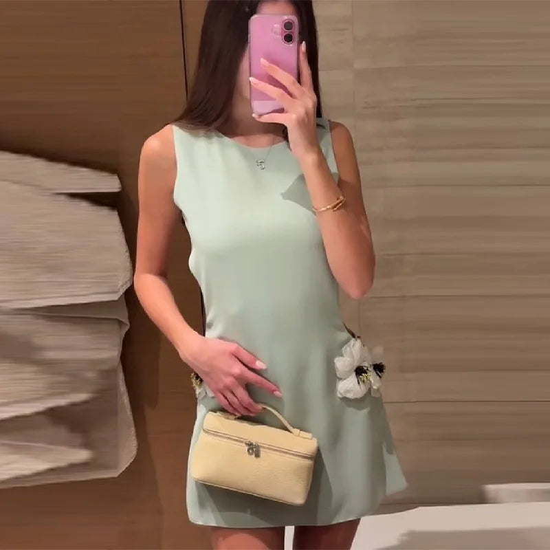 Lady 3D Flower Sleeveless Mini Dress Light Green