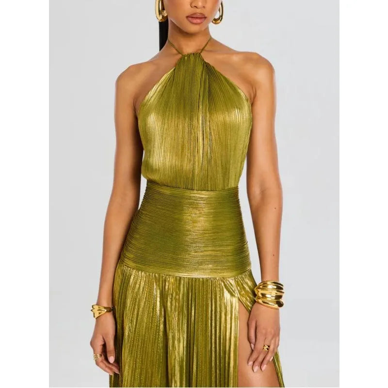 Off Shoulder Corset Halter Evening Gown With Slit