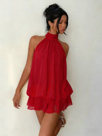 Women's Halter Neck Chiffon Mini Dress - Backless Tie-Front