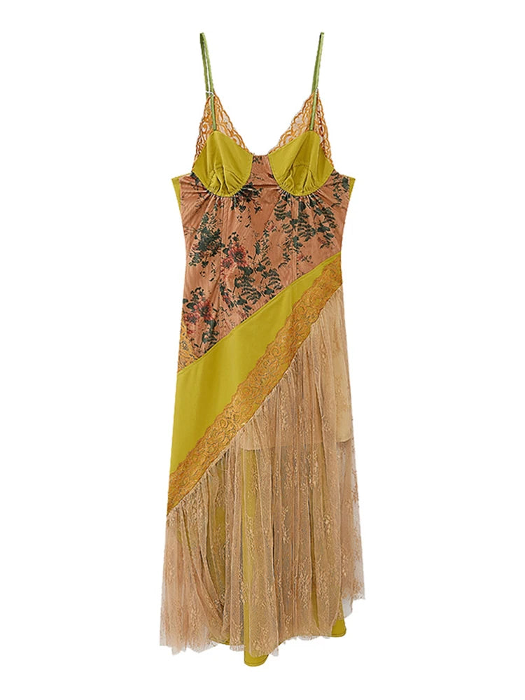 Vintage Lace Patchwork Halter Dress With Suspender Straps Calf Length Pleated