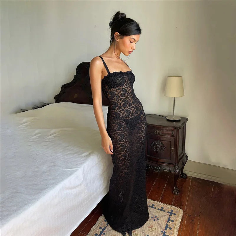 Sexy Lace Black Maxi Dress Nightclub Bodycon Silhouette