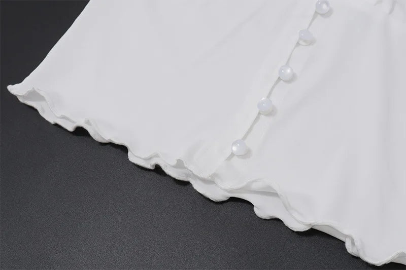 Elegant White Coords Set With Ruffled Trim Skirt And Long Sleeve Top