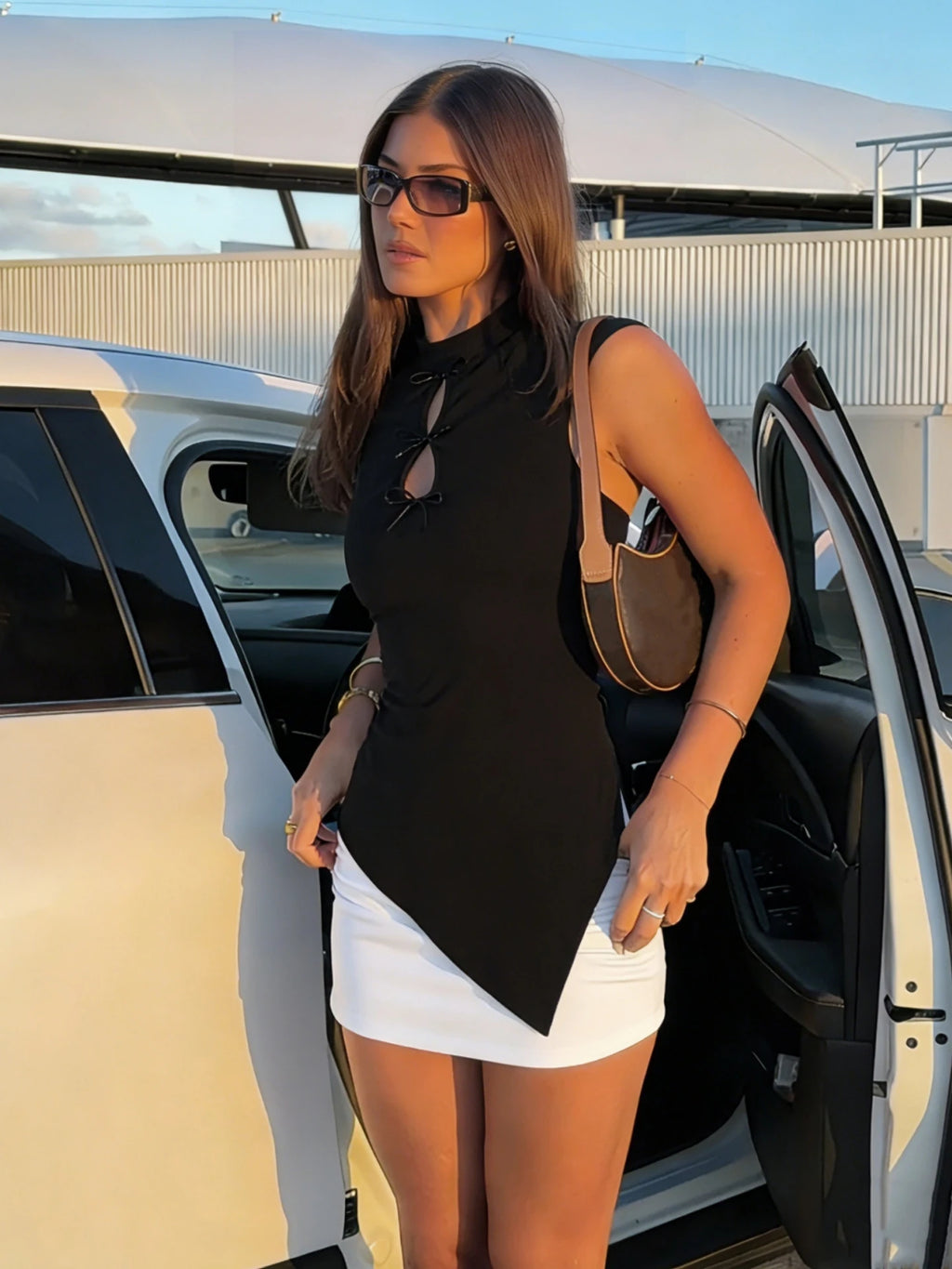 High Neck Hollow Out Bow Top