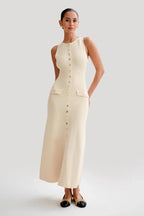 Chic Knit Midi Dress With Button Front And O Neck Silhouette