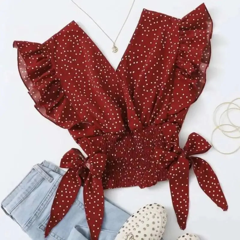 Polka Dot Chiffon Lace Up V Neck Blouse With Flowy Sleeves