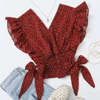 Polka Dot Chiffon Lace Up V Neck Blouse With Flowy Sleeves