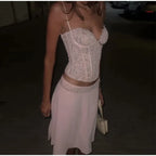 Delicate Lace Corset Cami And Midi Skirt Set Slim Fit Sleeveless Romantic Outfit