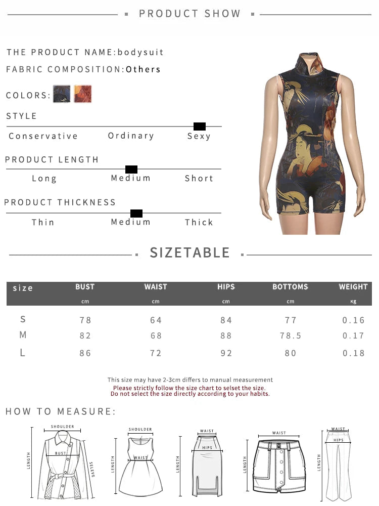 Backless Romper Women Sexy Button Turtleneck Sleeveless Ruched Vintage Cartoon Print Stretch Skinny Club Playsuit