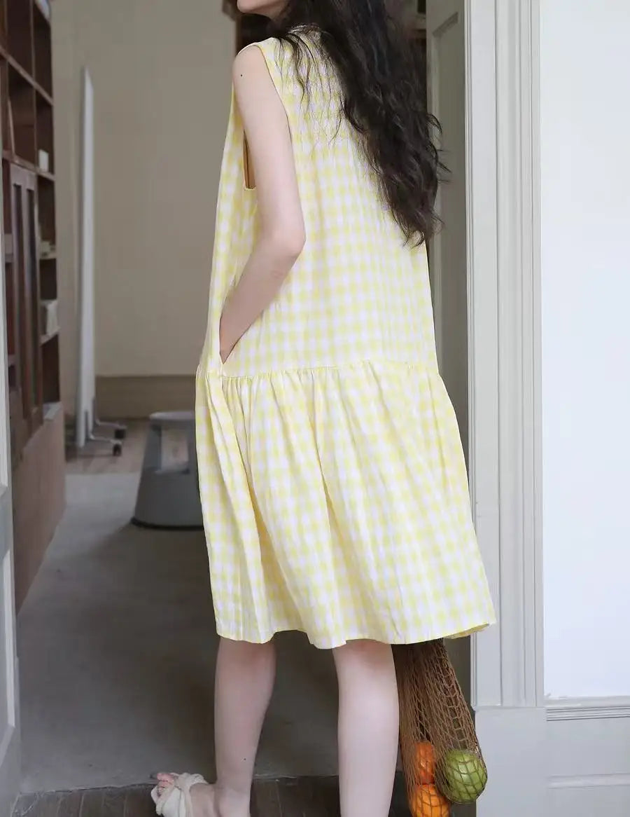 Sunny Plaid Cotton Dress Sleeveless Round Neck Vacation Dress