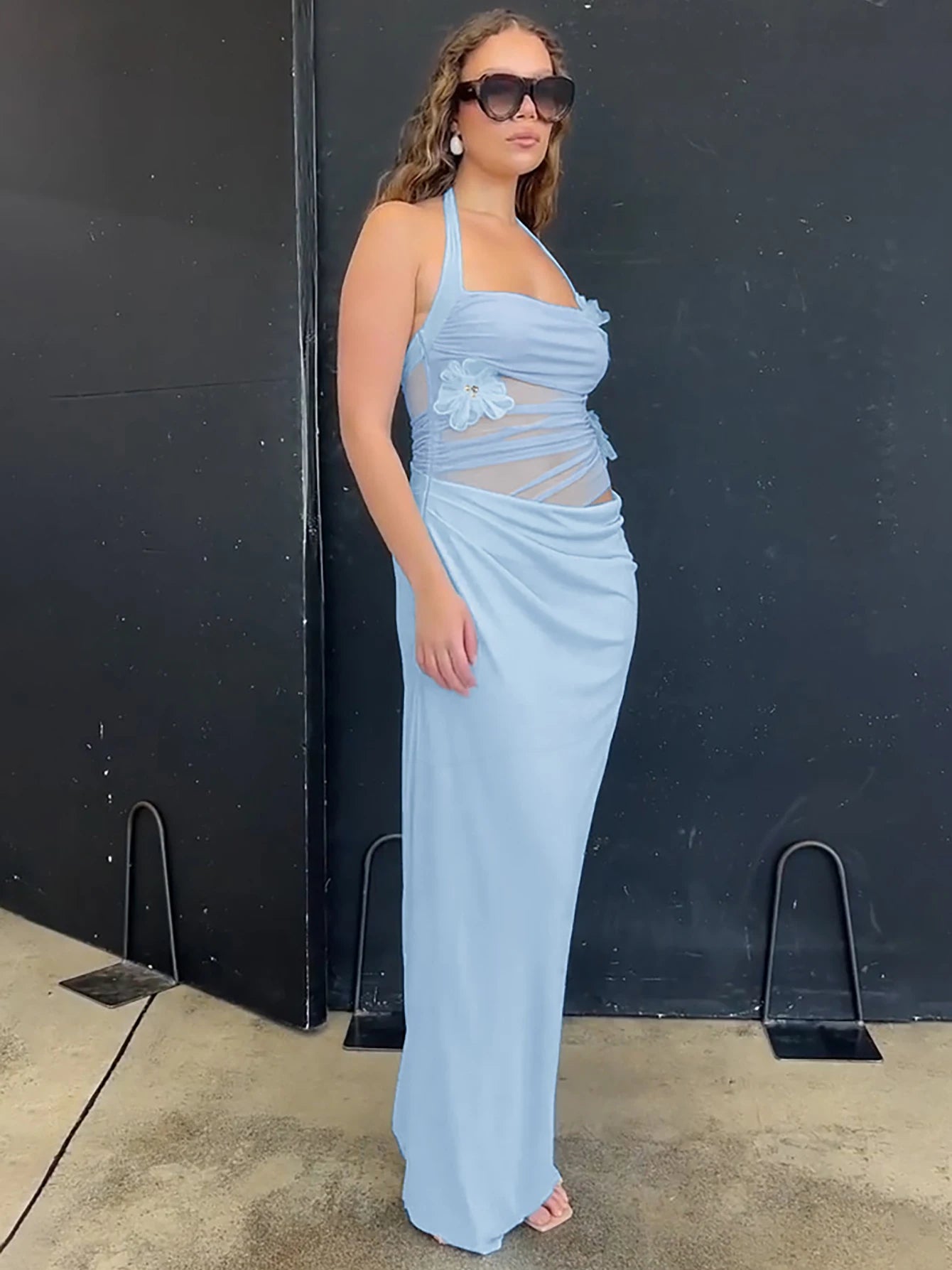 Halter Backless Sheer Mesh Maxi Dress With Floral Embellishment