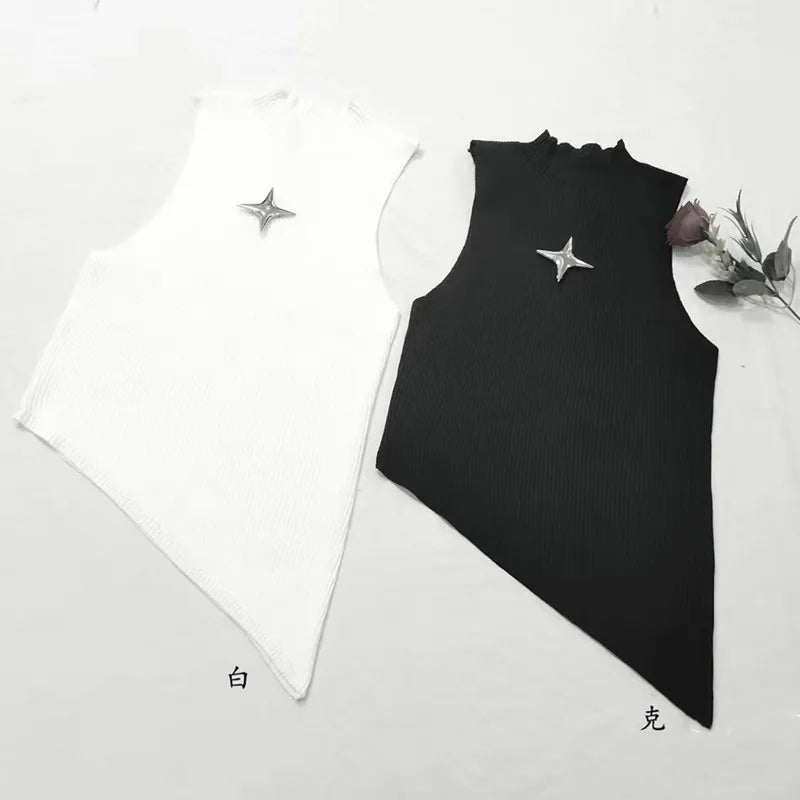 Crop Knit Vest With High Neck And Asymmetrical Hem