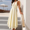 Sunny Yellow Halter Neck Dress With Open Back And Lace Up Detail High Waist Pleated Ankle Length