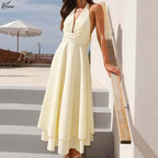 Sunny Yellow Halter Neck Dress With Open Back And Lace Up Detail High Waist Pleated Ankle Length
