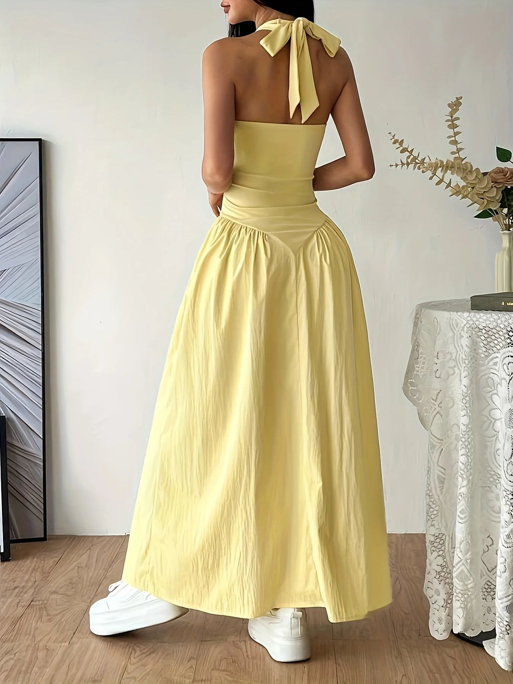 Yellow Halter Neck Maxi Dress Sleeveless Backless V Neck A Line