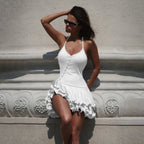 Ruffled Hem Sleeveless Mini Dress With V Neck Backless Irregular A Line Bodycon Streetwear Chic