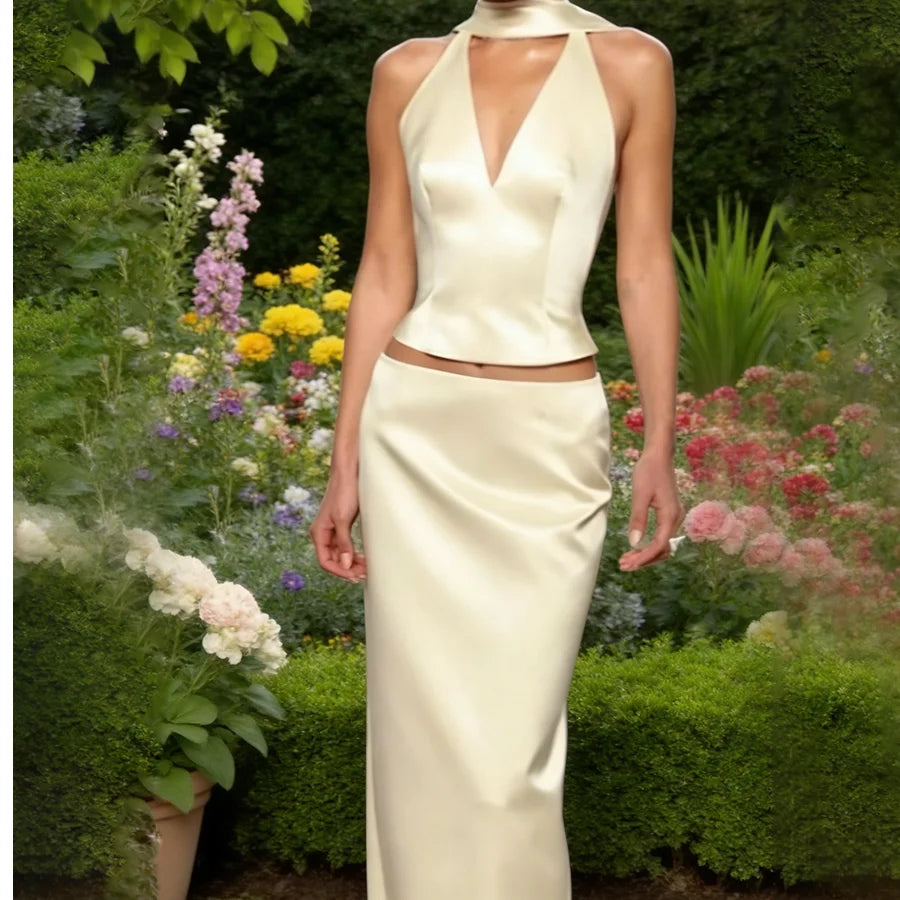 Satin V Neck Sleeveless Evening Elegant Slim Silhouette