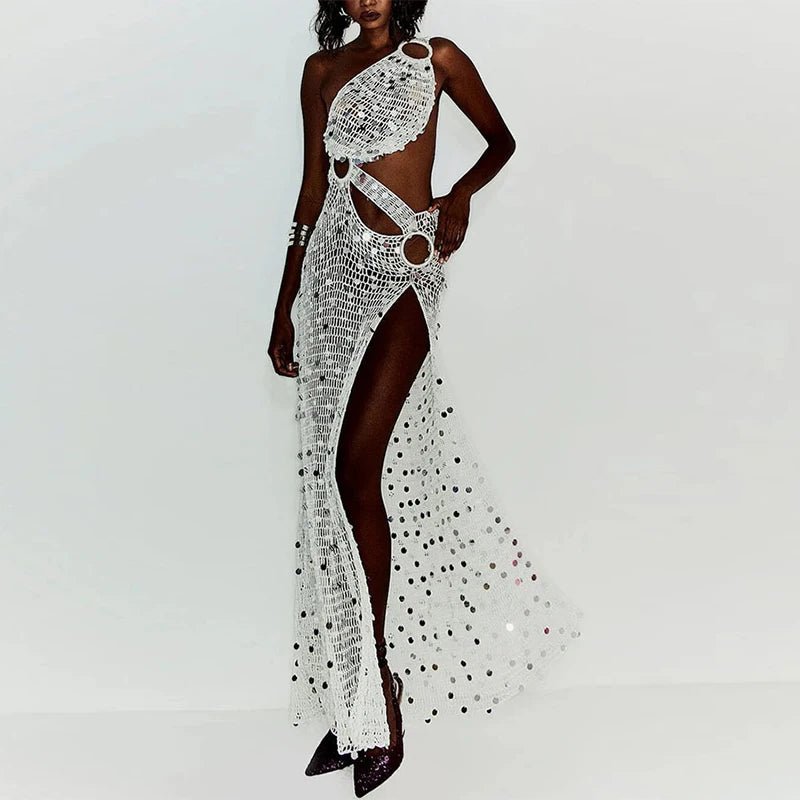Sexy Sequin Hollow Out Knit Maxi Dress With One Shoulder Front Split Gown