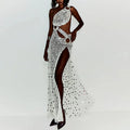 Sexy Sequin Hollow Out Knit Maxi Dress With One Shoulder Front Split Gown