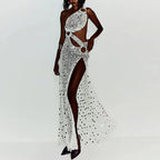 Sexy Sequin Hollow Out Knit Maxi Dress With One Shoulder Front Split Gown