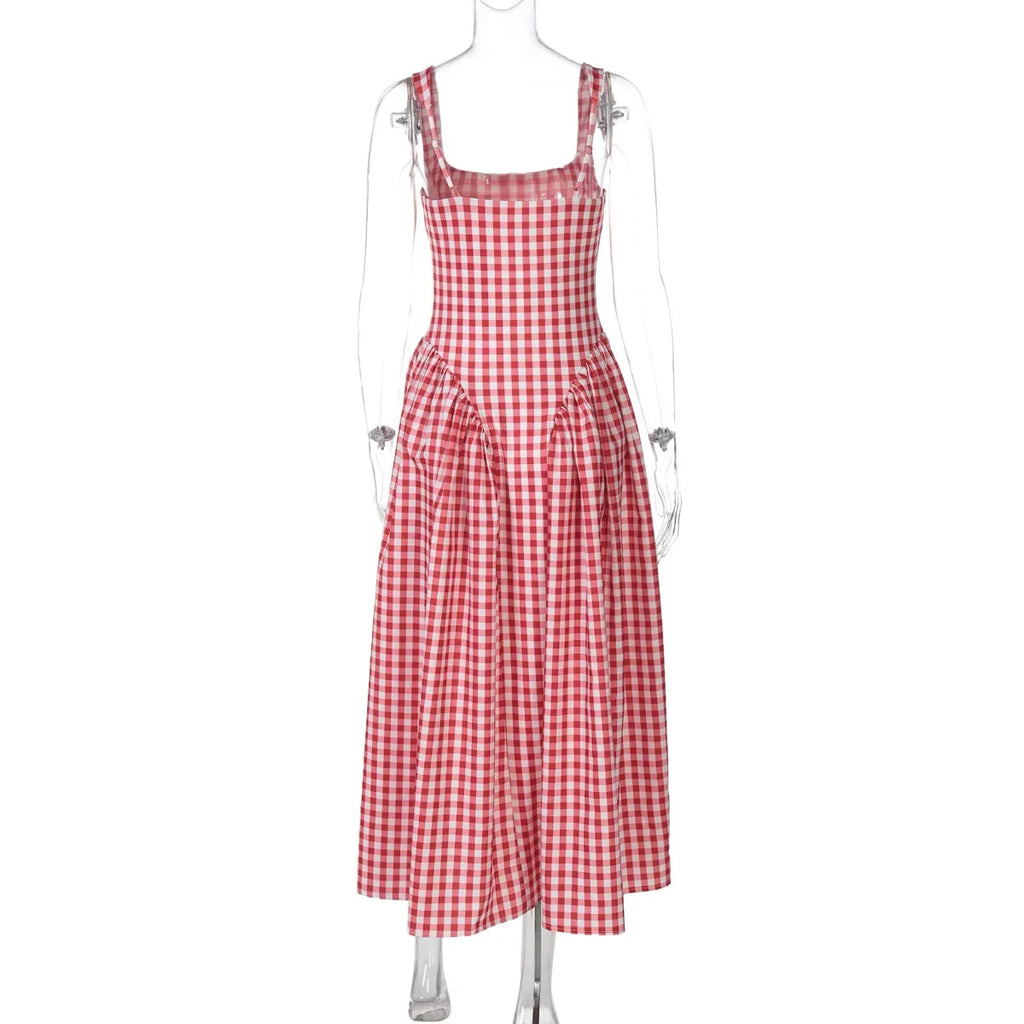 Gingham Square Neck A-Line Midi Dress With Pockets