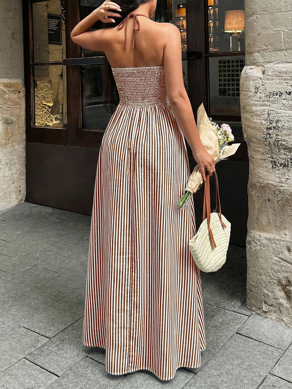 Sea Breeze Striped Deep V Beach Dress With Backless Sleeveless Maxi