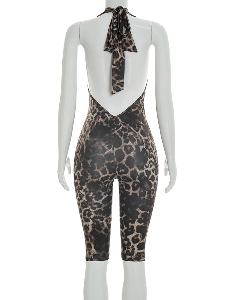 Leopard Print Halter Playsuit With Backless Design Bold Street Style Romper