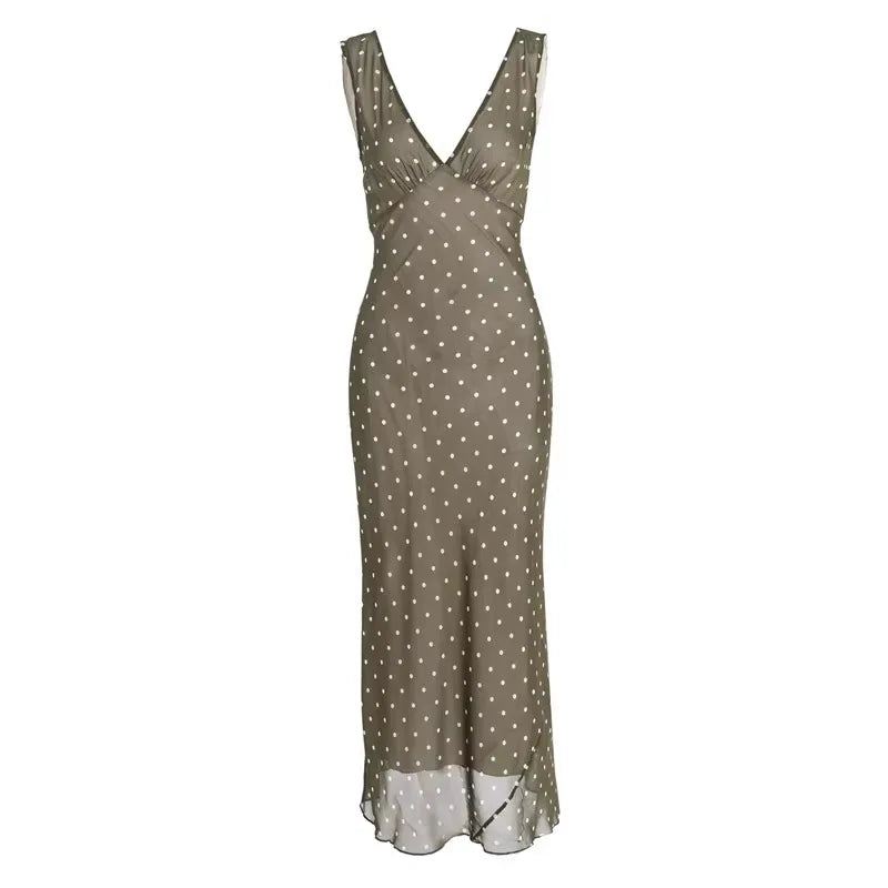 Polka Dot Chiffon V Neck Dress For Women