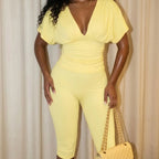 Two Piece Solid Color Set With Deep V Neck Ruched Crop Top And Capri Pants