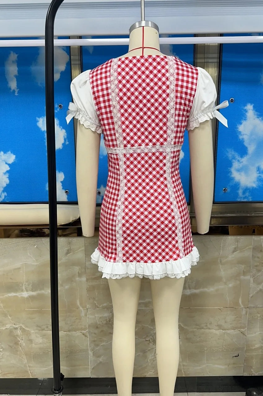 Sweet Vintage Plaid Babydoll Mini Dress With Gingham Lace Trim