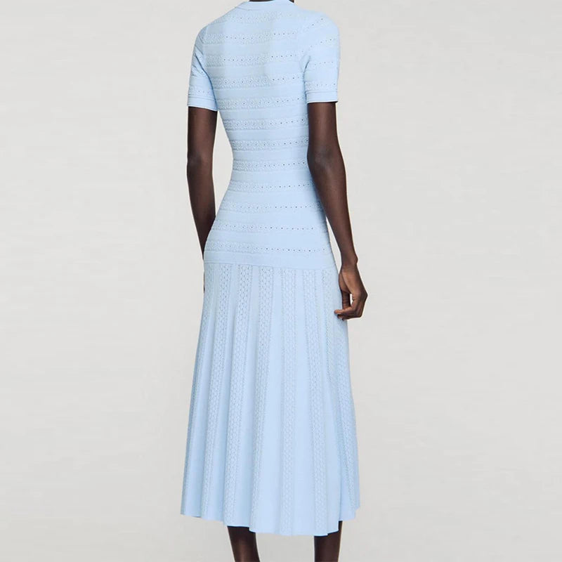 Baby Blue Knit Midi Dress With Button Front Short Sleeves Ruffles Slim Fit