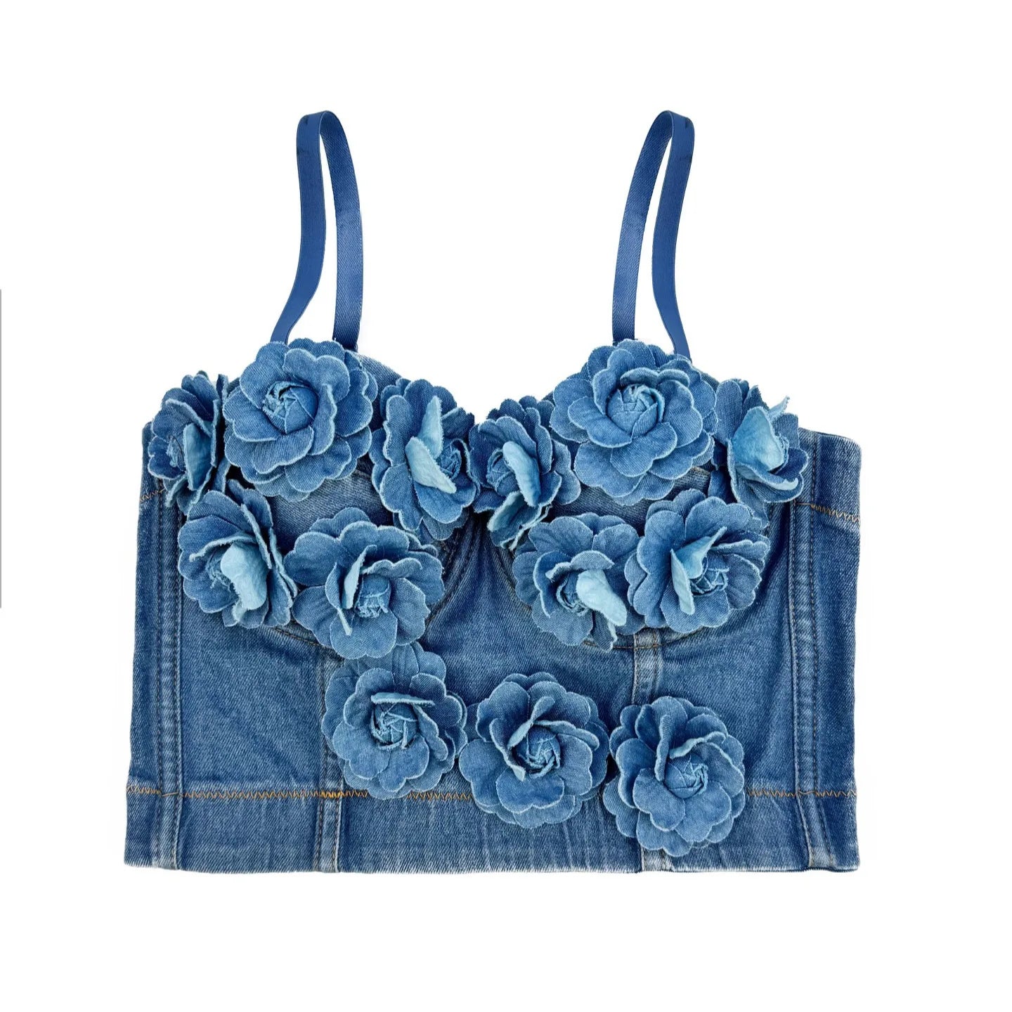 Handmade Beaded Flower Embellishment Denim Corset Vest Top