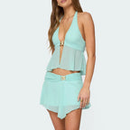Two piece Halter Set With Sheer Backless Crop Top And Skirt