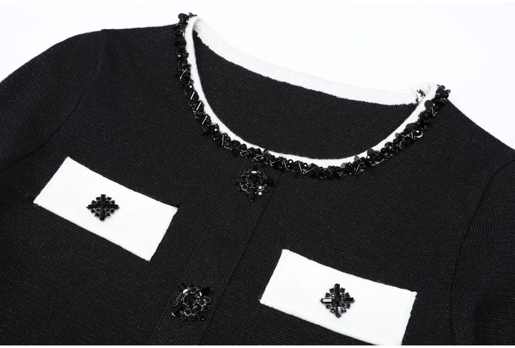 Diamond Buckle Knit Top With Elastic Fit Long Sleeve Pullover Round Neck For Women