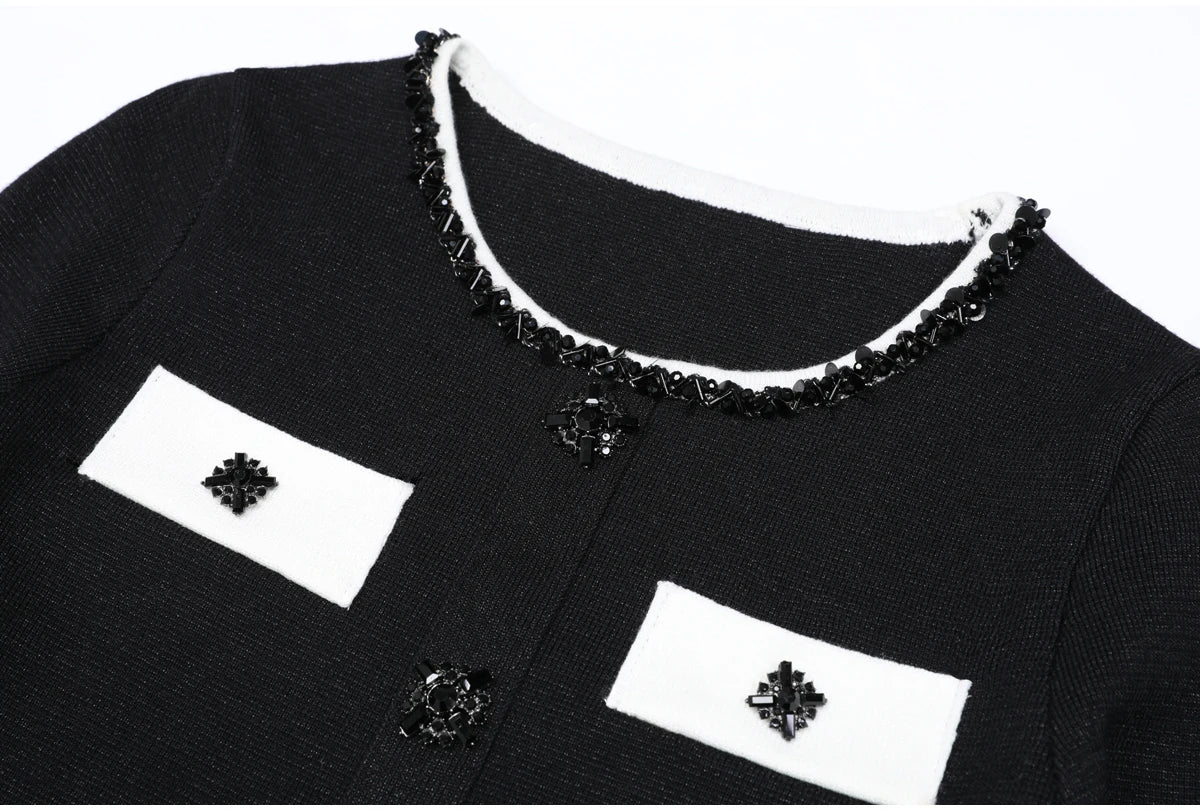 Diamond Buckle Knit Top With Elastic Fit Long Sleeve Pullover Round Neck For Women
