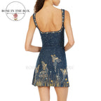 Beaded Navy And Gold Mini Evening Dress With Hand Embroidered Details And Thin Straps