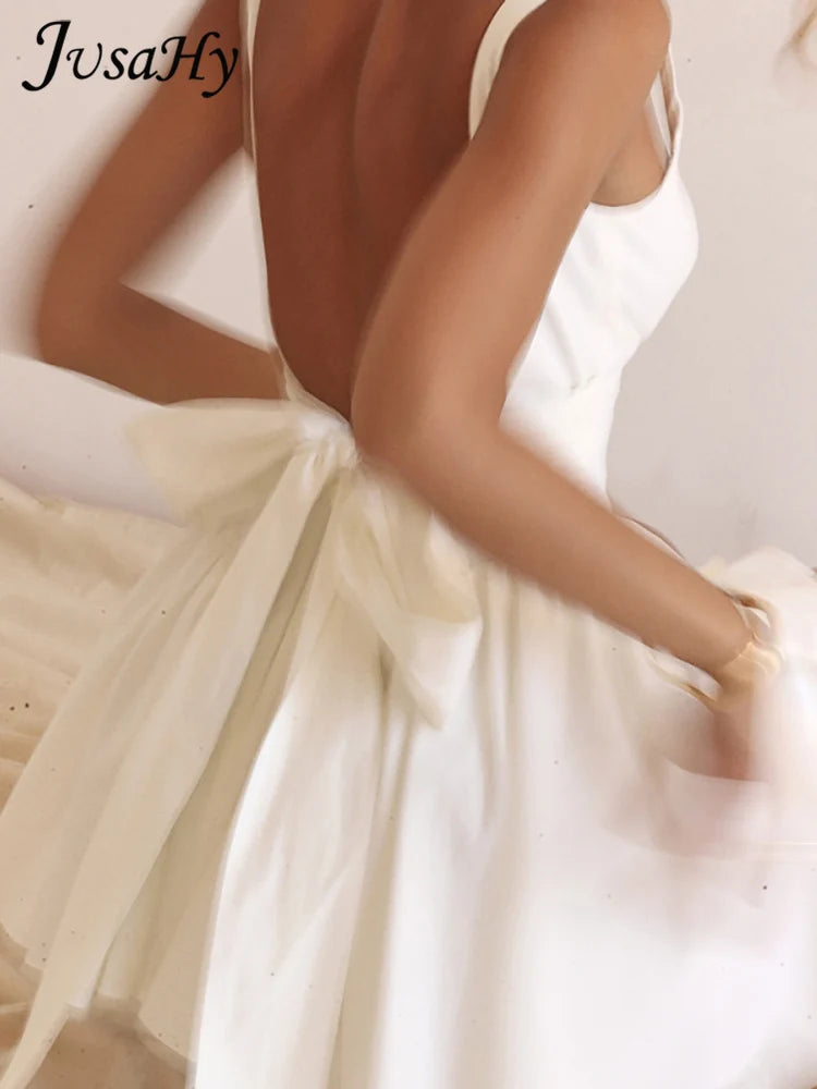 White Backless Halter Bowknot Sweet A Line Mini Dress