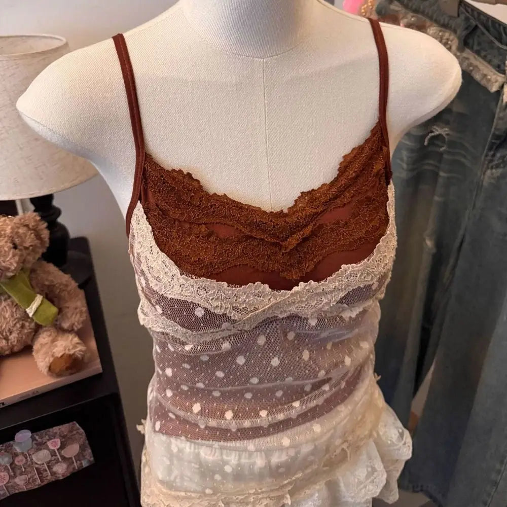 Lace Dots Wrapped Camisole With Pads Slim Fit Tank Top