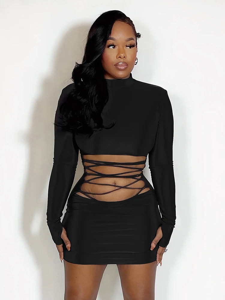 Hollow Out Bandage Mini Dress With High Collar And Long Sleeves
