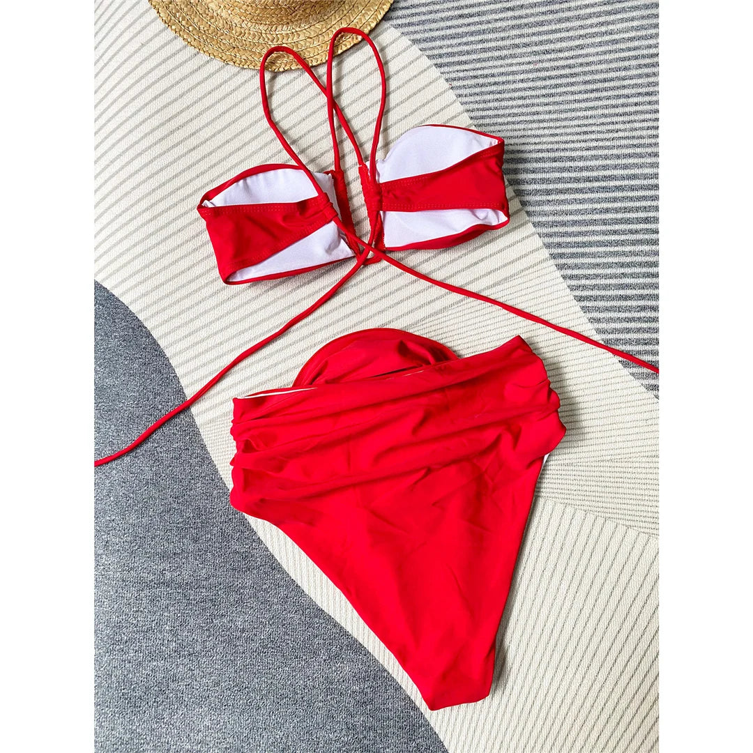 Floral 3D Detail Bikini Swimsuit With High Waist And Wrinkled Texture For Beach Days