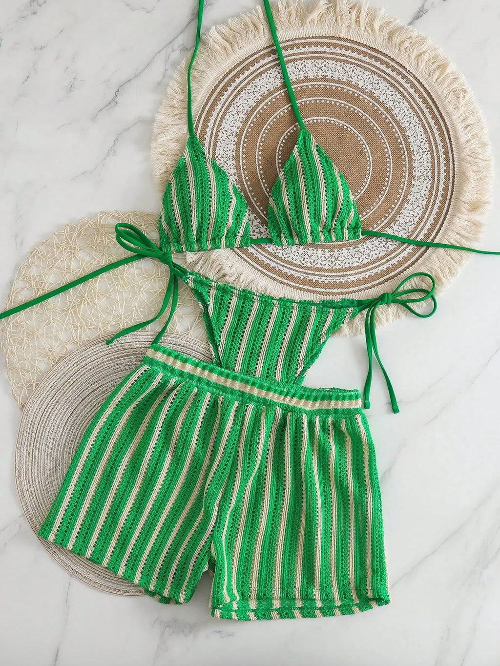Retro Striped 3 Pieces Knitted Mesh String Bikini Set Swimsuit