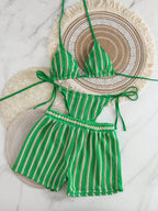 Retro Striped 3 Pieces Knitted Mesh String Bikini Set Swimsuit