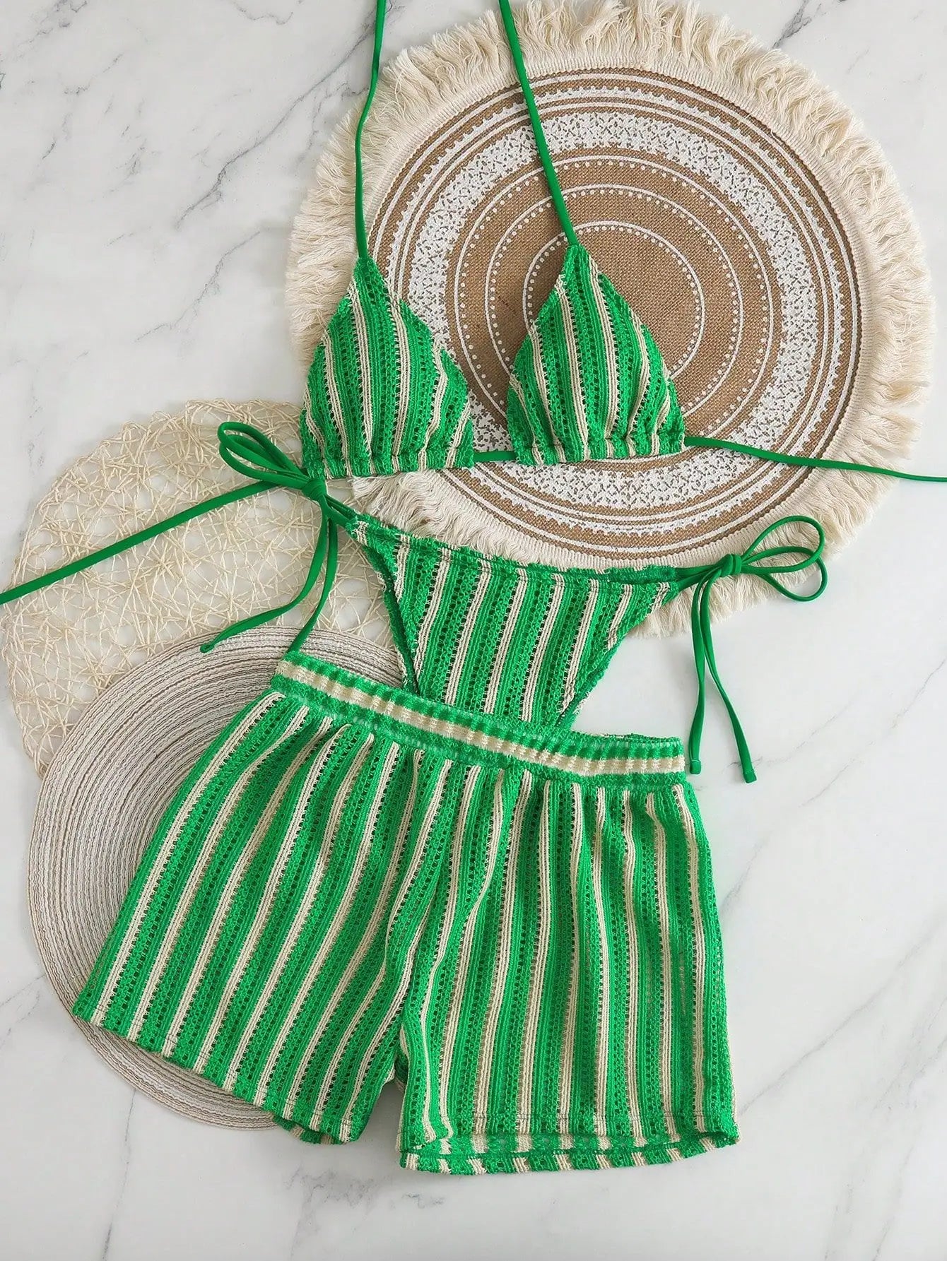 Retro Striped 3 Pieces Knitted Mesh String Bikini Set Swimsuit