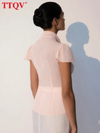 Pink Short Sleeve Shirt With Bow Collar And Lace Up Detailing
