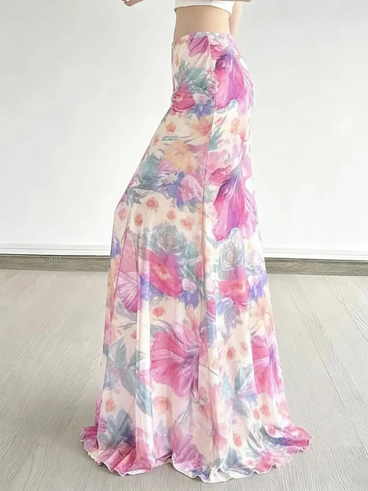 Bohemian Mesh Floral Maxi Skirt For Women Elegant High Waist