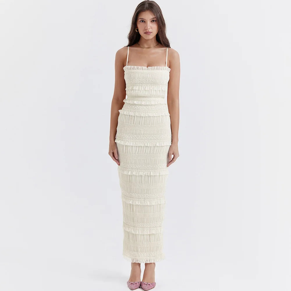Elegant Formal Beige Slim Maxi Spaghetti Strap Wed Bride Dress