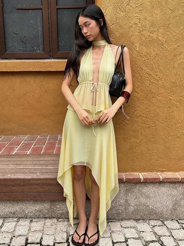 Y2K Inspired Two Piece Set Featuring Lace Up Backless Tank Top And Irregular Ruched Skirt