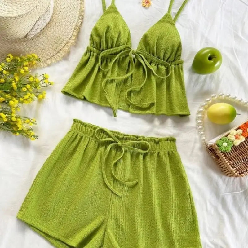 Verdant Cami Set With Drawstring Top And Elastic Waist Shorts In Soft Knit Fabric