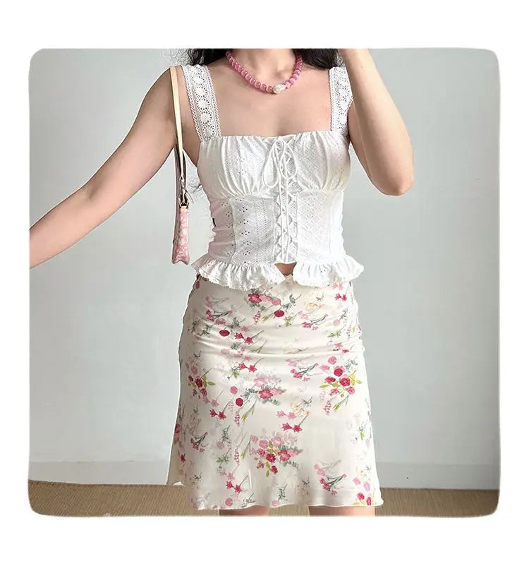 Floral Retro Mesh Mini Skirt With Fish Tail