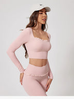 Women Shirts Long Sleeve for Yoga Crop Top Square Neck Workout Clothing with Chest Pads Fitness
