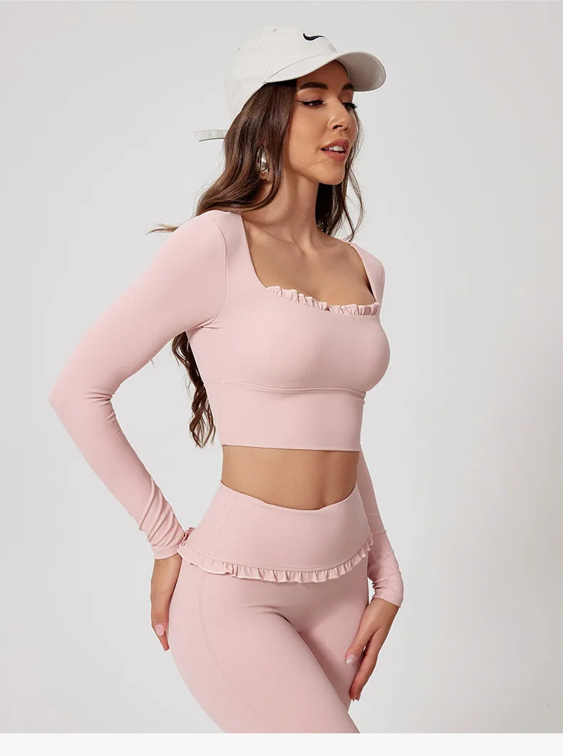 Women Shirts Long Sleeve for Yoga Crop Top Square Neck Workout Clothing with Chest Pads Fitness